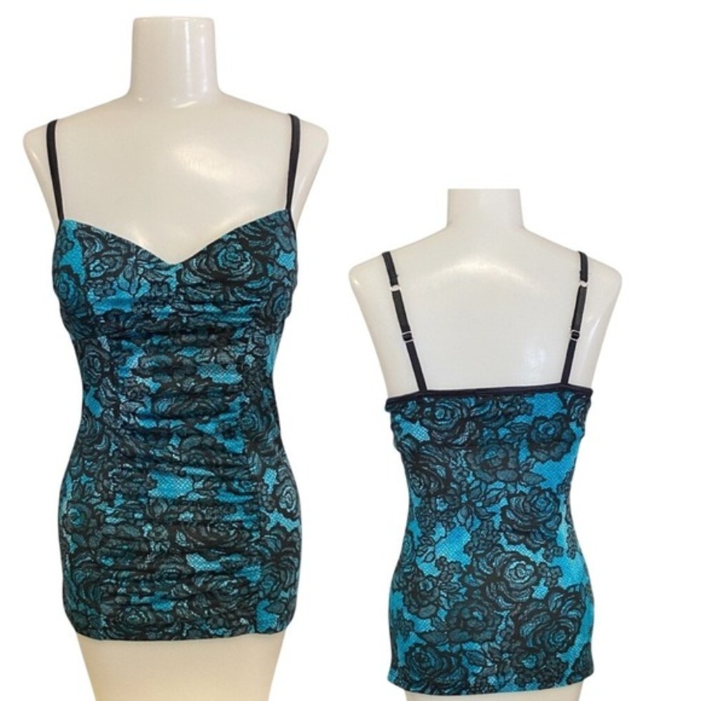 Glo Jeans Teal Black Lace Rose Ruched Bustier Camisole Top Medium